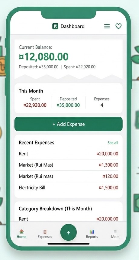Exp Link mobile dashboard showing current balance, this month's spending, and recent expenses