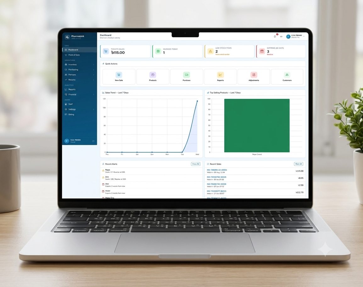Pharma Link dashboard showing today's sales, invoices, low stock, and expiring items on a laptop